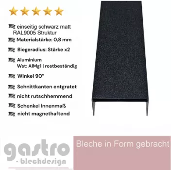 U-Profil 0,8mm Alublech Schwarz matt RAL9005 Struktur